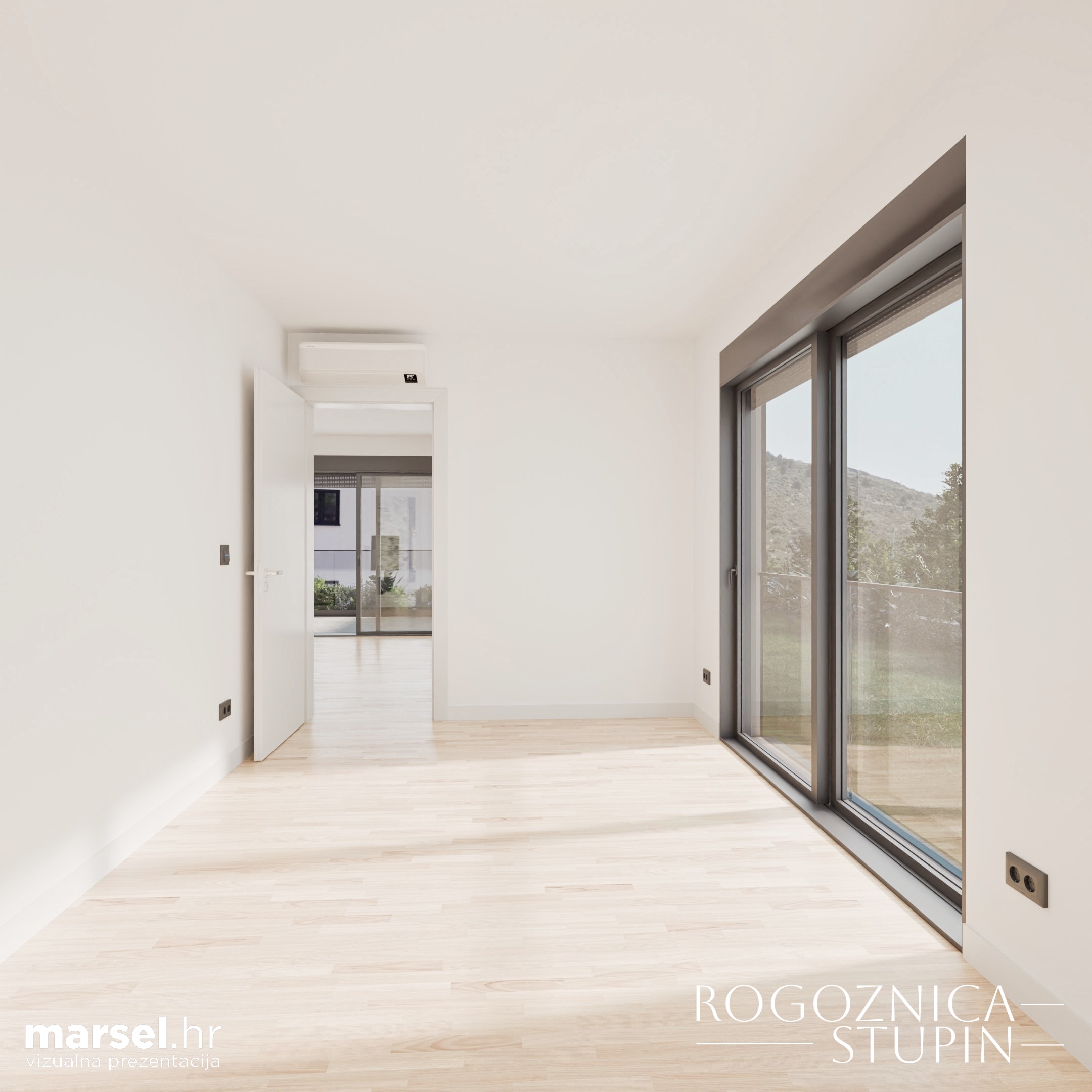 Vizualizacija interijera apartmana u novogradnji Rogoznica Stupin. Prostrani i svijetli unutarnji prostori s pogledom na more, idealni za stanovanje ili investiranje u apartman na dalmatinskoj obali.